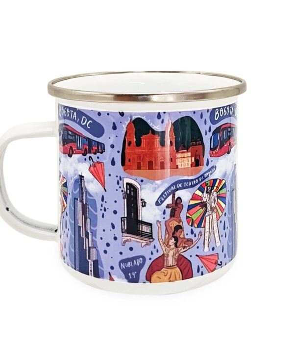 Mug de peltre esmaltado de 300 ml. Un clásico colombiano ideal para bebidas calientes o frías, con un diseño inspirado en la ciudad de Bogotá Colombia.