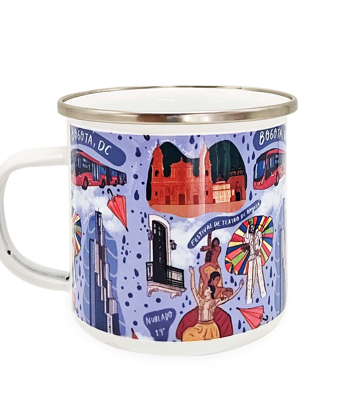 Mug de peltre esmaltado de 300 ml. Un clásico colombiano ideal para bebidas calientes o frías, con un diseño inspirado en la ciudad de Bogotá Colombia.