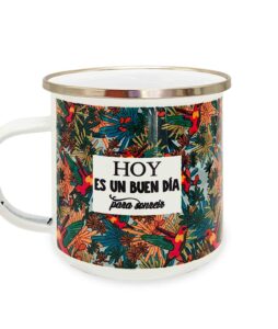 Mug de peltre esmaltado de 300 ml. Un clásico colombiano ideal para bebidas calientes o frías, con un diseño inspirado en los colibrís colombianos