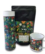 Combo de café colombiano Pandamug con termo digital, café del Socorro y mug de peltre con diseño Biodiversa inspirado en la biodiversidad de Colombia.