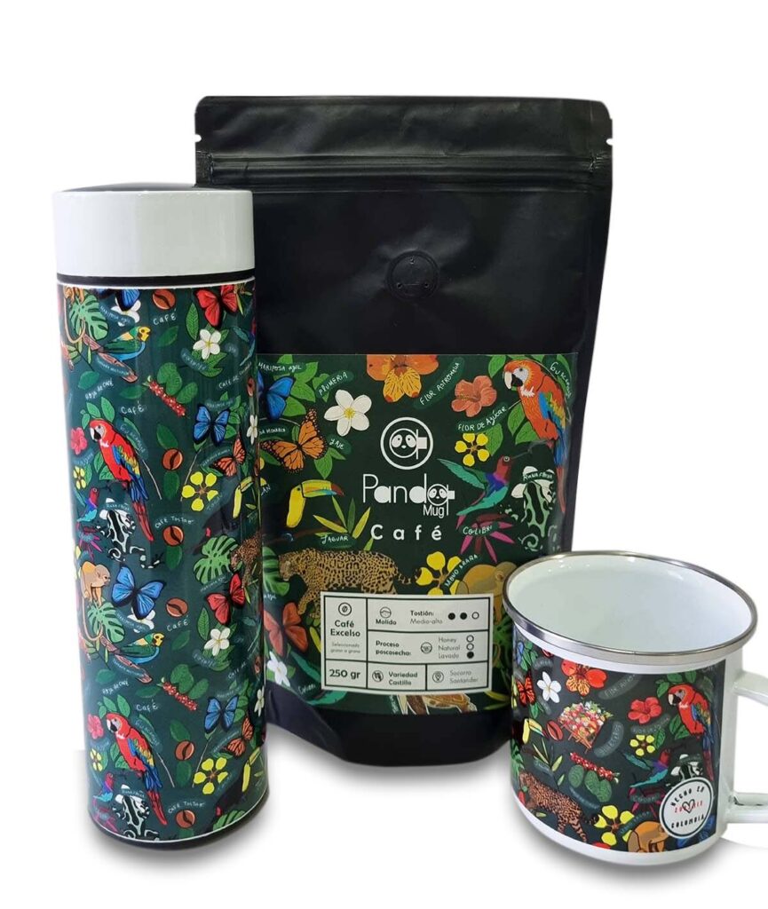 Combo de café colombiano Pandamug con termo digital, café del Socorro y mug de peltre con diseño Biodiversa inspirado en la biodiversidad de Colombia.