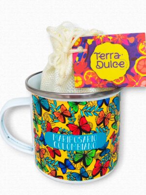 Combo Mug Mariposa Chocolate (mug peltre, chocolatinas de sabores)