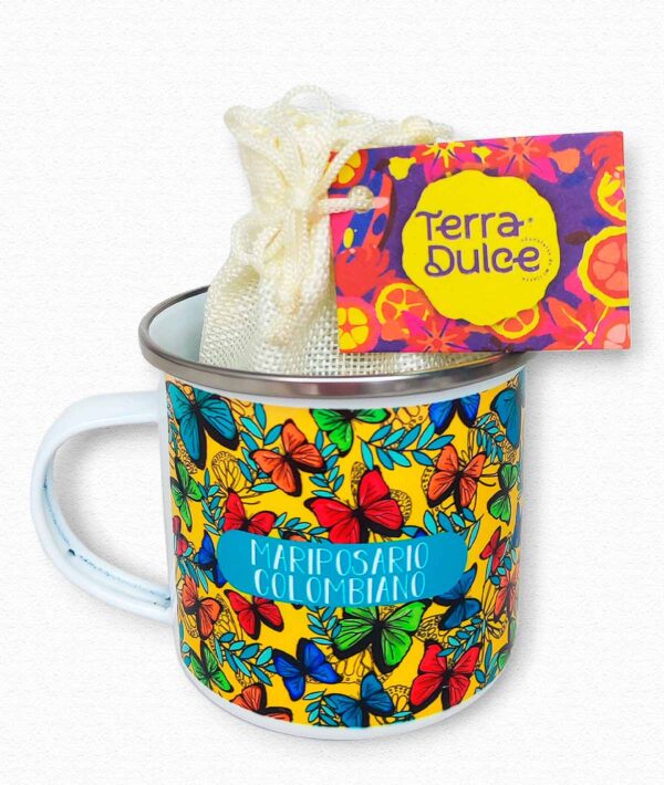 Combo Mug Mariposa Chocolate (mug peltre, chocolatinas de sabores)