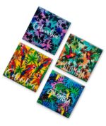 Combo de 4 portavasos de 9,5 x 9,5 cm, con ilustraciones inspiradas en las aves de Colombia, elaborados en MDF, resina y fomi negro.