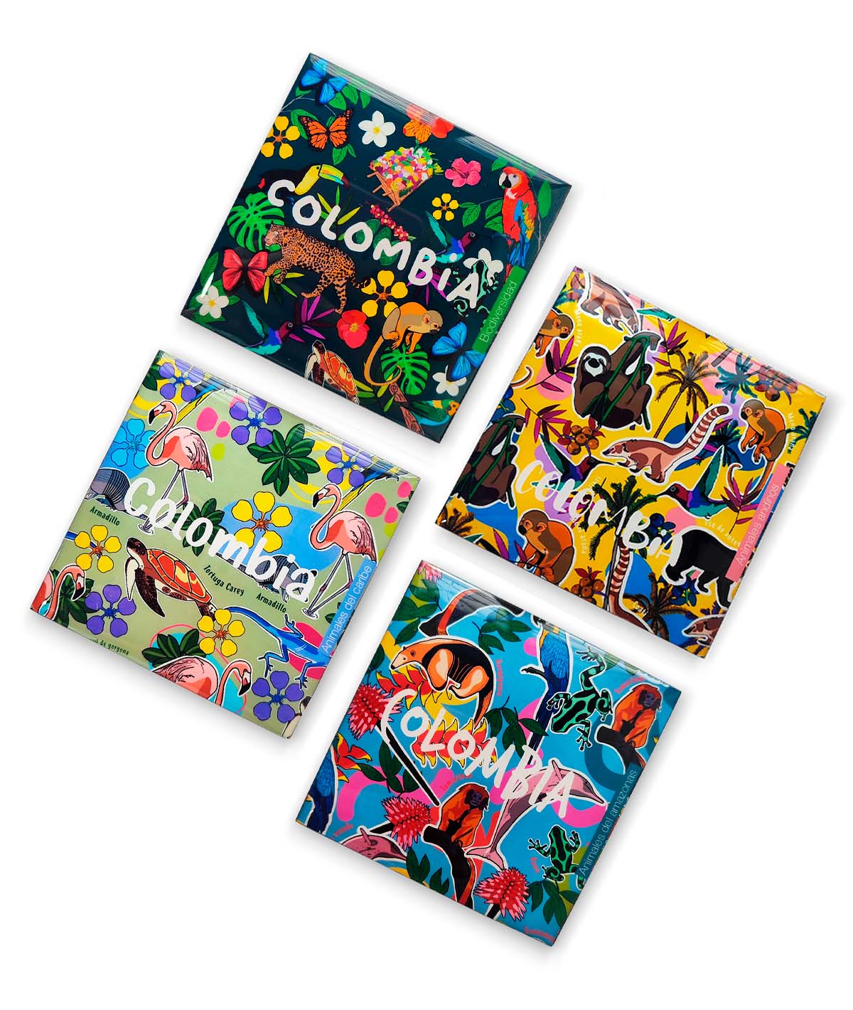 Combo de 4 portavasos de 9,5 x 9,5 cm, con ilustraciones inspiradas en la biodiversidad y cultura de Colombia, elaborados en MDF, resina y fomi negro.