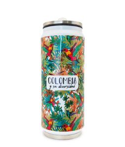 Lata térmica de aluminio de 500 ml, boquilla plástica y tapa hermética. Cuenta con ilustraciones inspiradas en los Colibries de Colombia