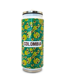 Lata térmica de aluminio de 500 ml, boquilla plástica y tapa hermética. Cuenta con ilustraciones inspiradas en los aguacates colombianos