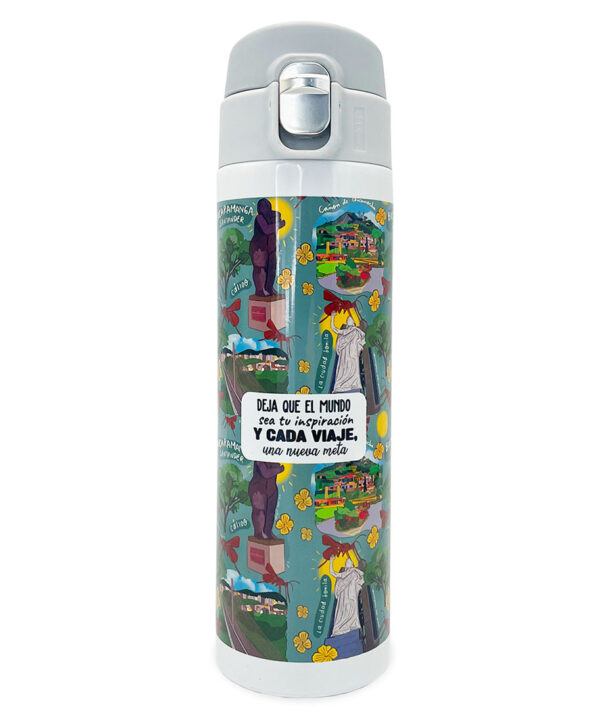 Termo de 450 ml con tapa. Con ilustraciones de Bucaramanga, Colombia.