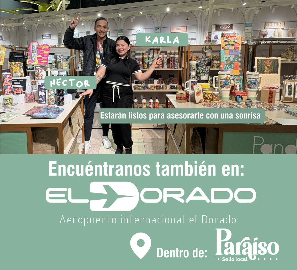 Tienda de souvenirs colombianos Pandamug en el aeropuerto El Dorado, piso 2, con asesores listos para atender.