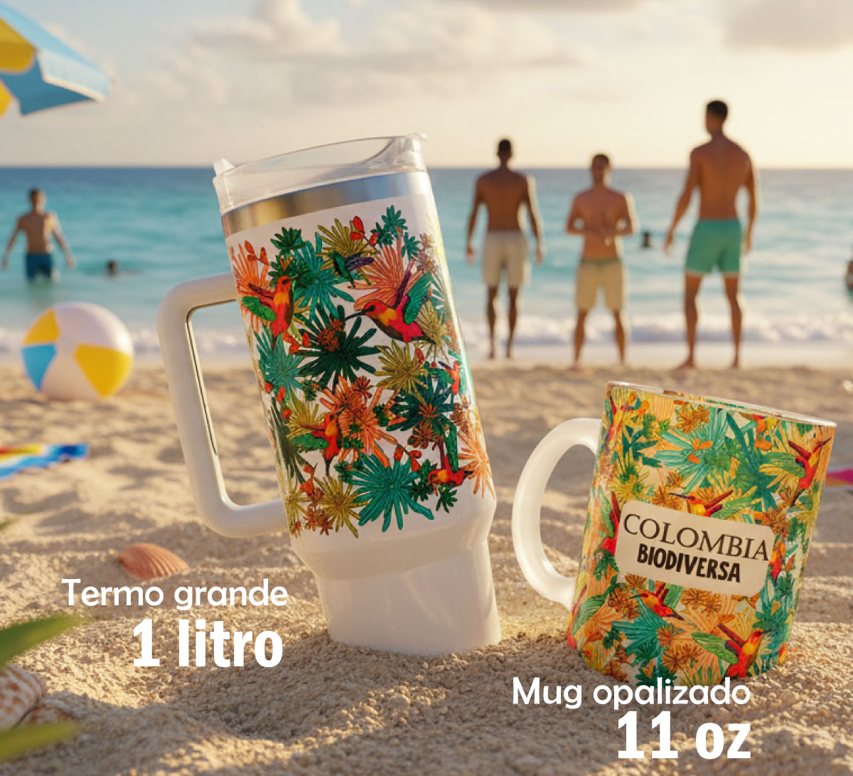 Termo Pro y mug opalizado de Pandamug en la playa, productos térmicos que mantienen bebidas frías o calientes entre 8 y 12 horas, ideales para viajes y días al aire libre.